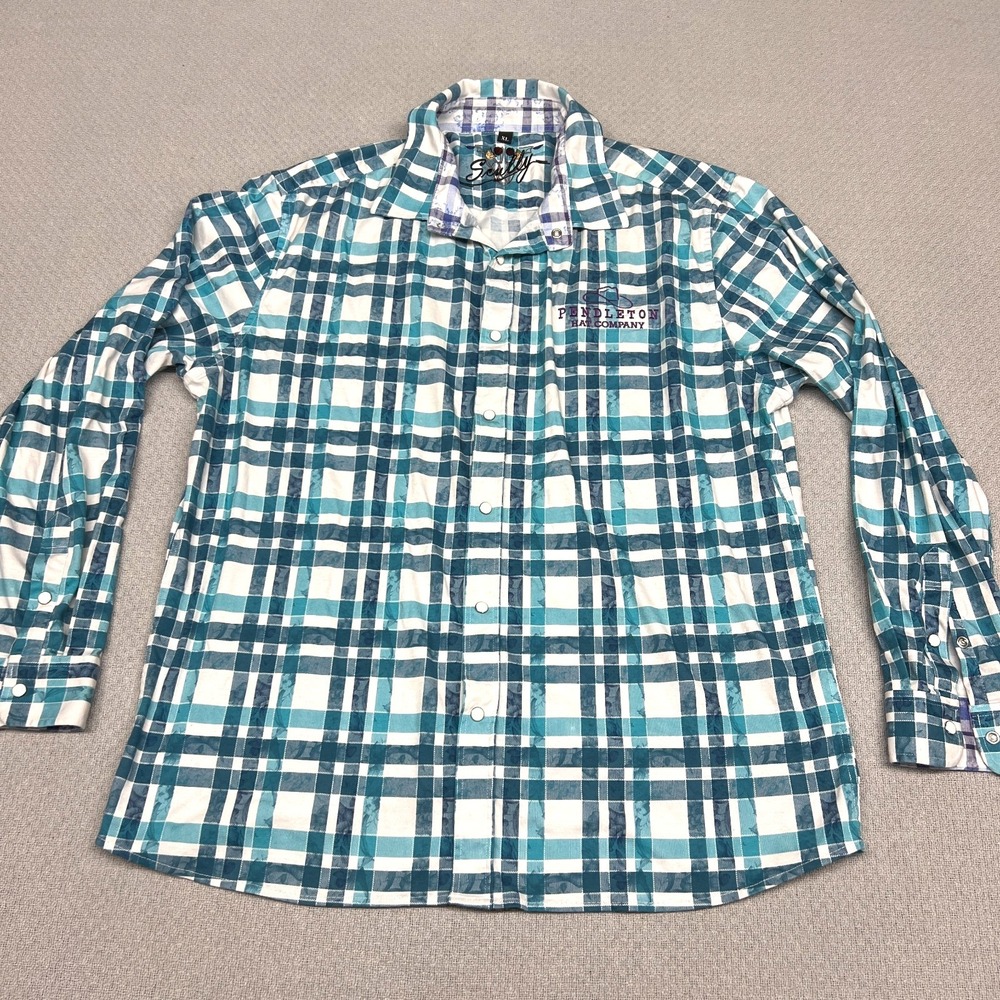 Scully Pearl Snap Shirt Mens XL Teal Plaid Pendleton Hat Co Western Cowboy Retro